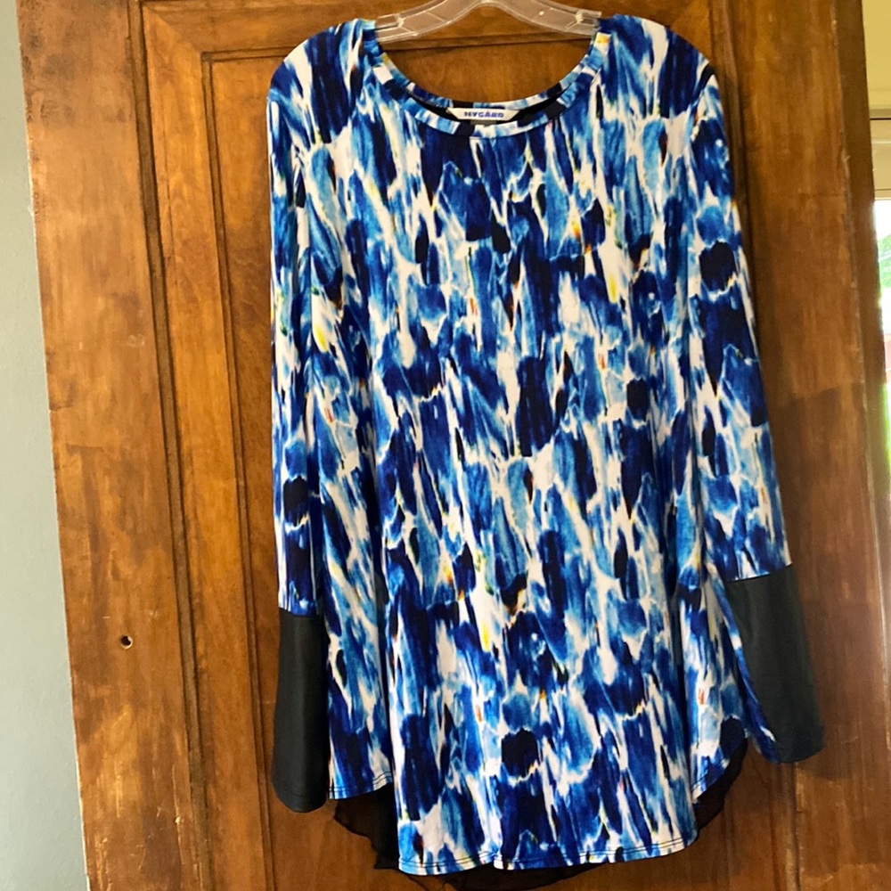 Nygard print tunic lightweight faux leather sleeve details sz L mid thigh length